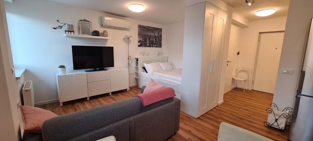 ein kleines Wohnzimmer mit Sofa und TV in der Unterkunft Little Plaza City Centre in Ljubljana