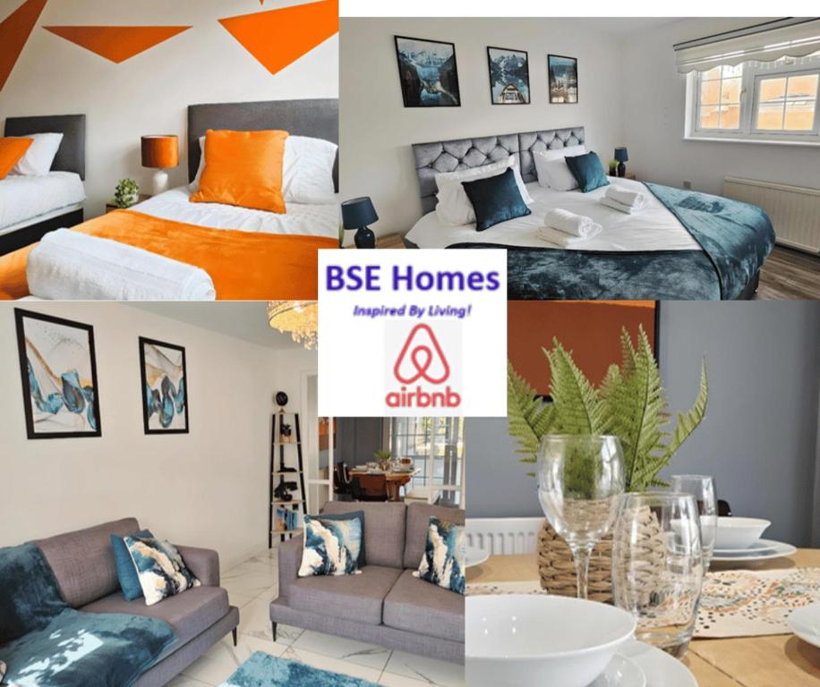 4 Bedroom Spacious Entire House Sleeps 6 في Great Parndon: مجموعة من الصور لغرفة نوم بها سرير وغرفة بها