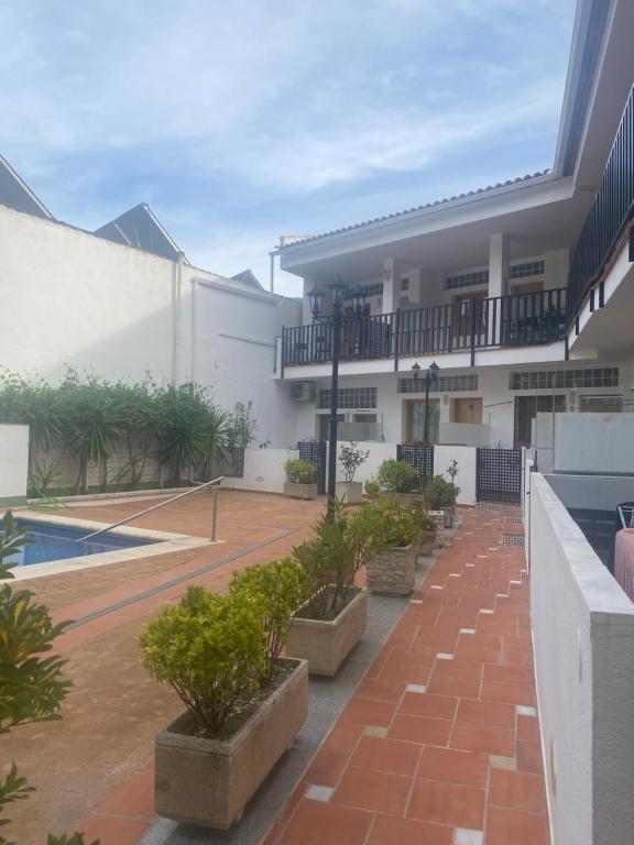 a courtyard of a building with potted plants at APARTAMENTO RIBERA DEL GUADIARO, 14 in Benaoján