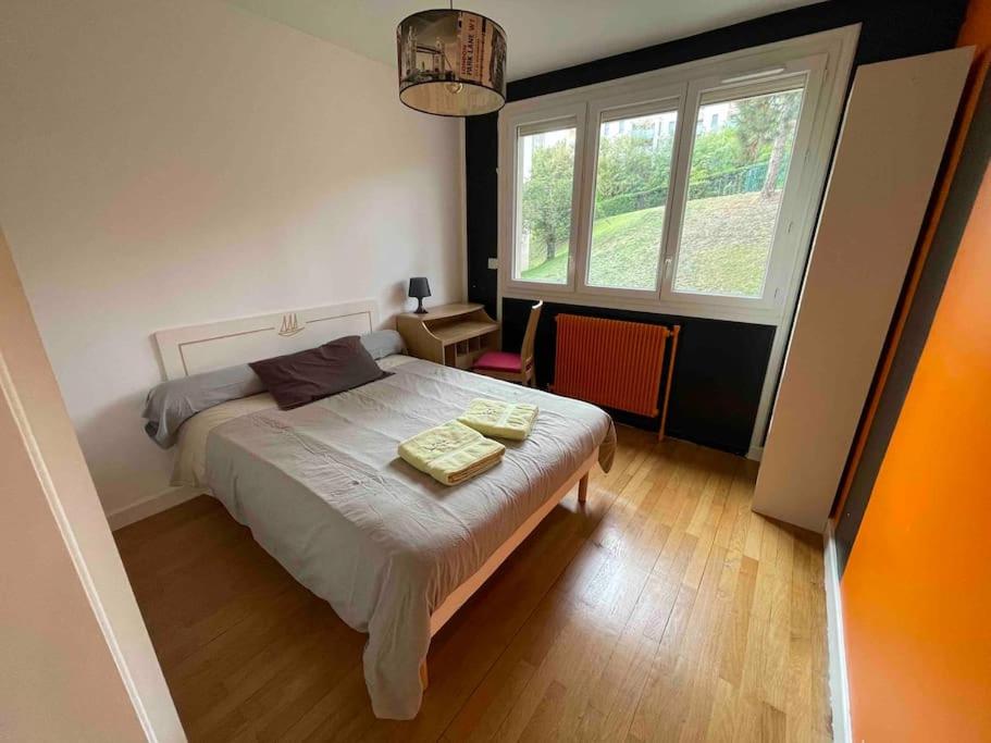 ein Schlafzimmer mit einem Bett und einem großen Fenster in der Unterkunft Appartement spacieux et calme in La Mulatière
