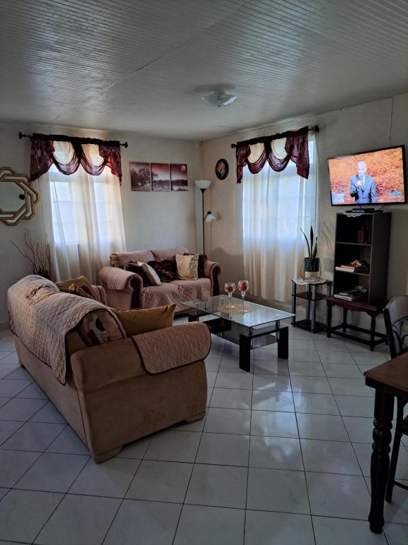 Una sala de estar con un sofá y un televisor. en So-neez Top floor apt, en Christ Church