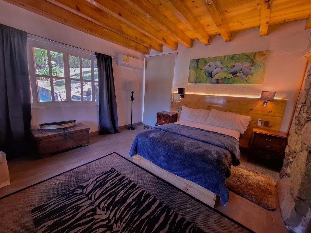 een slaapkamer met een bed en een groot raam bij Finca la concordia: Hotel frutos del bosque in Zacatlán