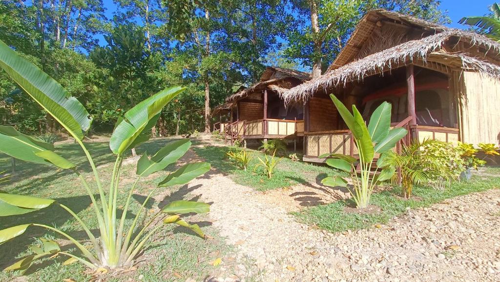 una casa con techo de paja y algunas plantas en Tony's Country Glamping with chalet with private wash room accommodation, en El Nido