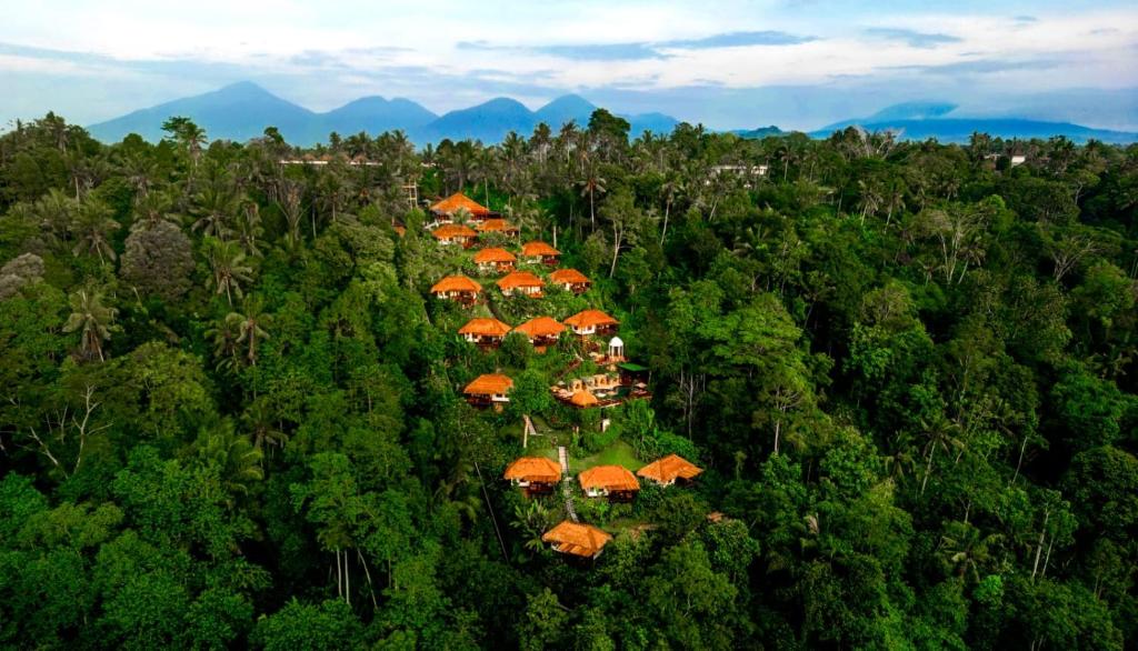 an aerial view of a forest with orange roofs at Nandini Jungle by Hanging Gardens in Payangan