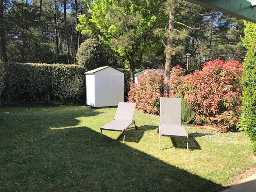 2 chaises blanches assises sur l'herbe dans une cour dans l'établissement Spacieuse maison à Saint Jean de Monts proche forêt avec terrasse, 3 chambres et parking privé - FR-1-323-524, à Saint-Jean-de-Monts