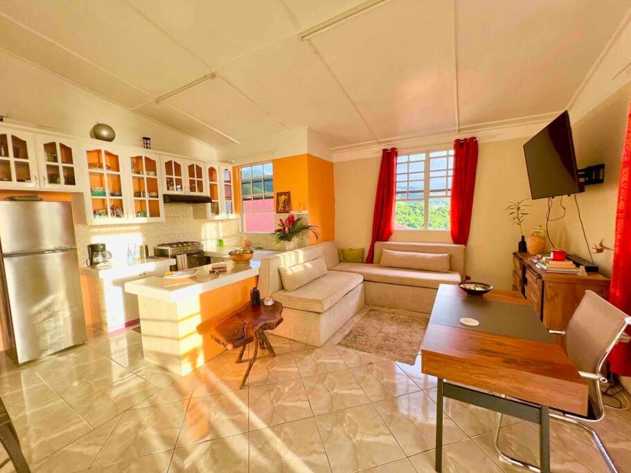a living room with a couch and a kitchen at Tropical Penthouse Overlooking Caribbean Sea in Mahaut