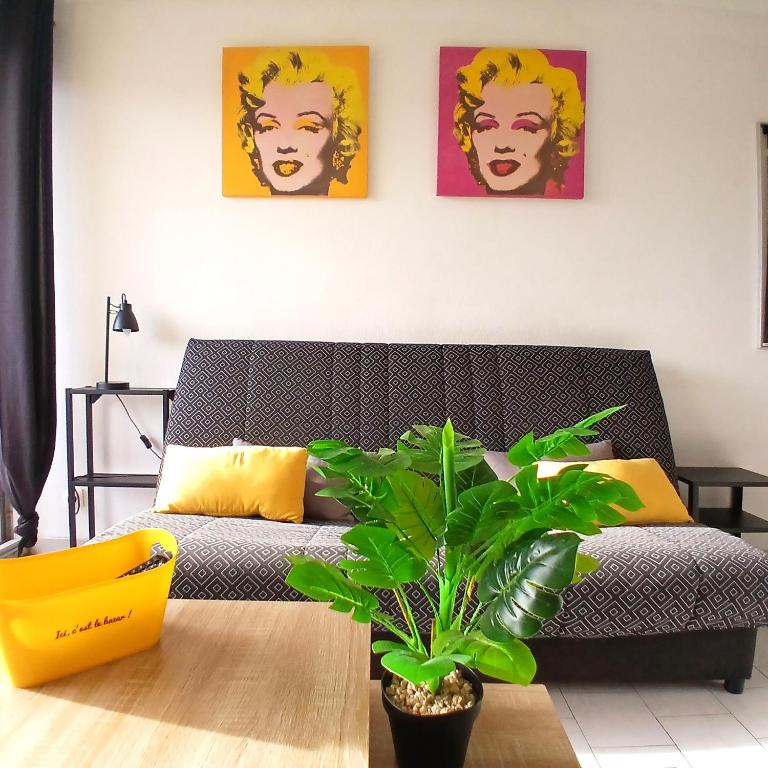 un salon avec un canapé et une plante dans l'établissement le dhuoda climatisé, à Nîmes