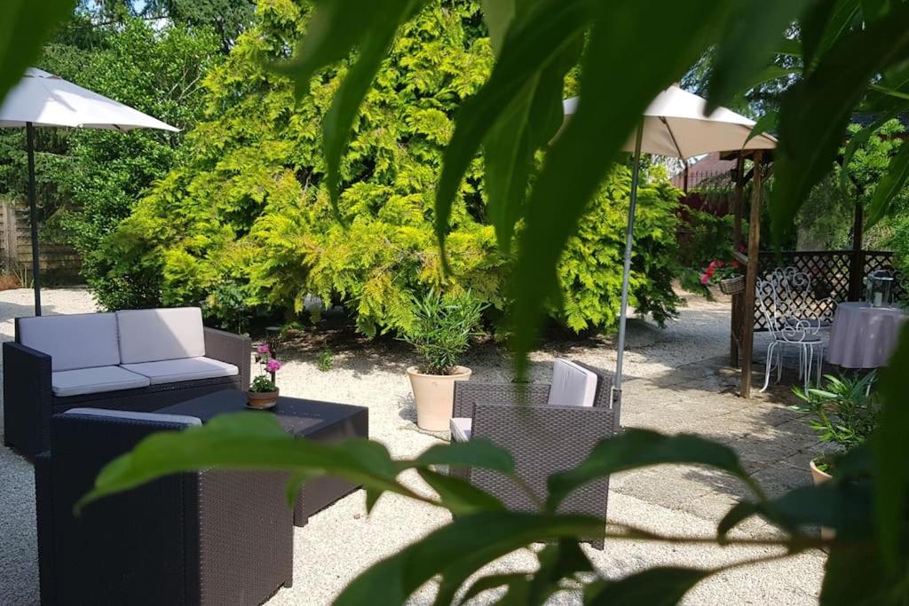 une terrasse avec un canapé, un parasol et des chaises dans l'établissement La Gloriette des Eglantines, à Saint-Gervais-la-Forêt