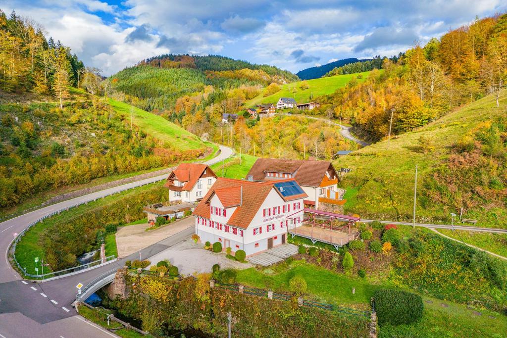 eine Luftansicht eines großen Hauses auf einem Hügel in der Unterkunft Hotel - Gasthof Blume in Oppenau