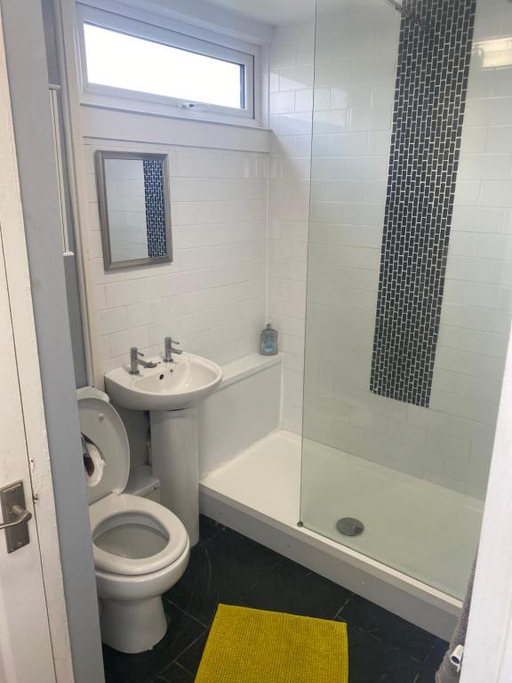 a bathroom with a toilet and a sink and a shower at Delightful chalet, overlooking estuary! in Ferryside