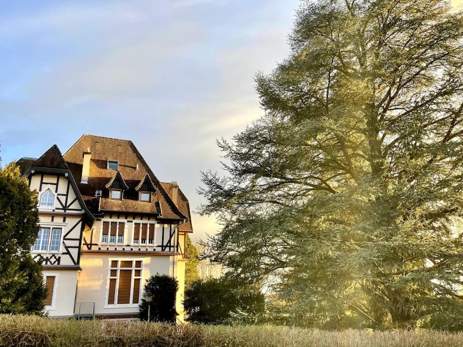 une grande maison blanche avec un arbre devant dans l'établissement Charmant studio dans Château du XXème, à Exincourt