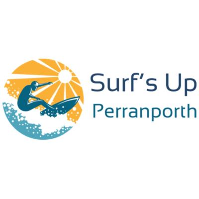 a logo for a resort with a person in the water with an umbrella at Surf's Up in Perranporth, Cornwall Coastal Holidays in Perranporth
