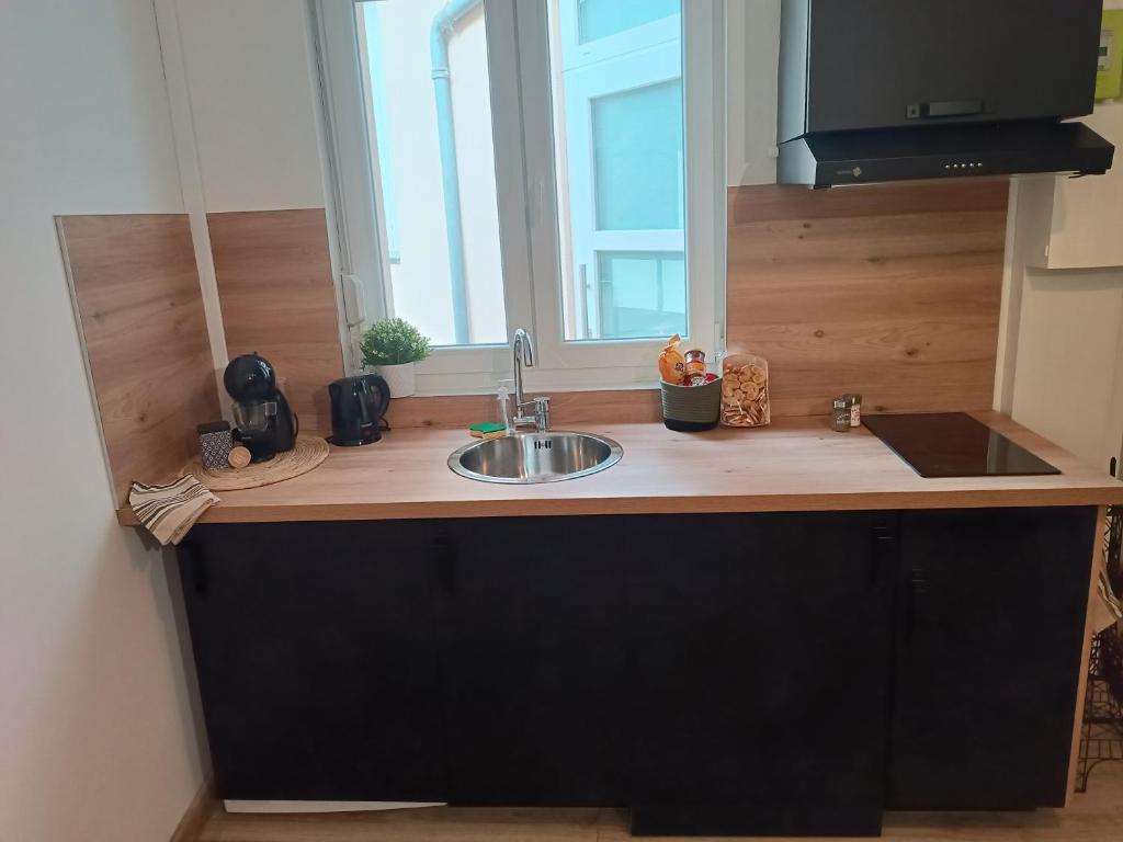 eine Küchentheke mit einem Waschbecken und einem Fenster in der Unterkunft Studio totalement meublé L'ethnique 