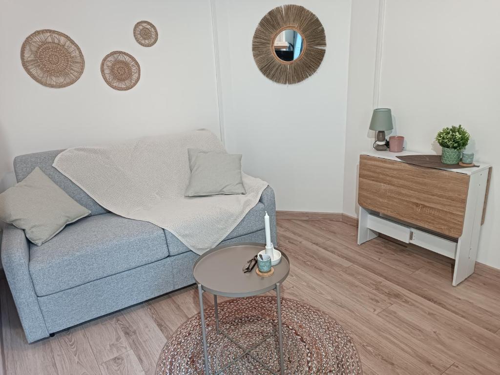 ein Wohnzimmer mit einem Sofa und einem Tisch in der Unterkunft Studio totalement meublé Le nordique 