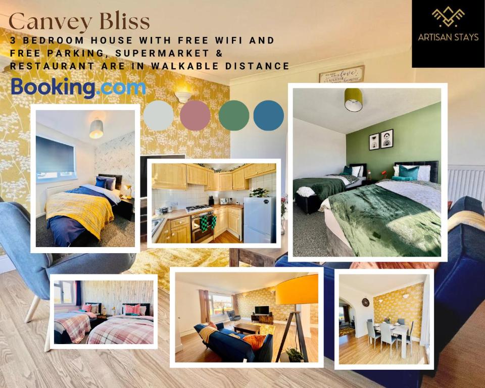 a collage of pictures of a bedroom house with free wifi and fire parkingsuper at Canvey Island Bliss By Artisan Stays I Free Parking I Bank Holiday Offer in Canvey Island