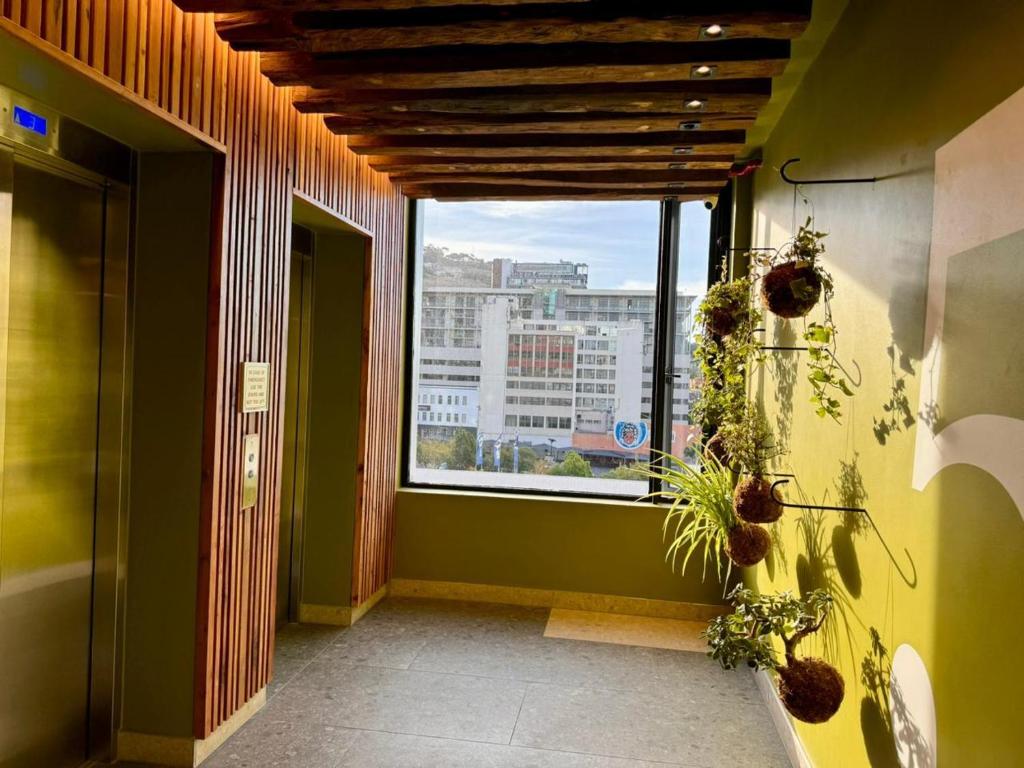 a hallway with a large window in a building at Bree Street Apartment - Explore, Eat, Experience Cape Town in Cape Town