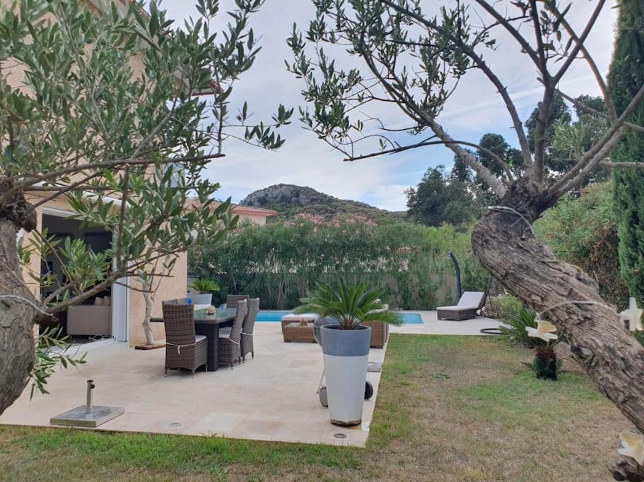 un patio avec des chaises, une table et un arbre dans l'établissement Maison à Saint-Florent avec piscine privée, à Oletta