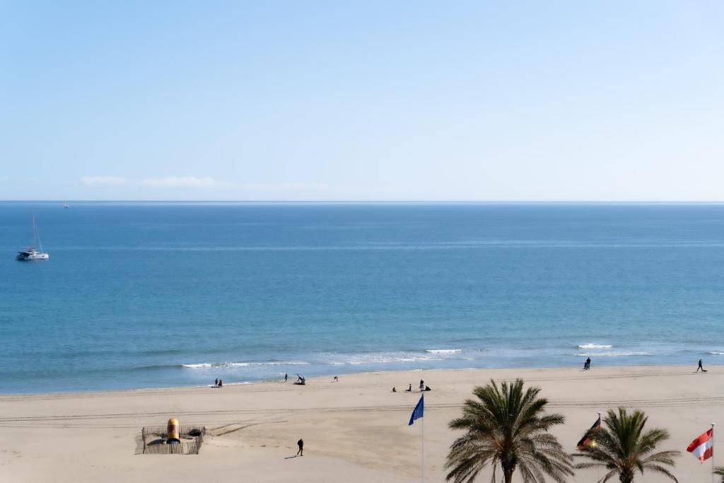 a beach with palm trees and the ocean at Hôtel Mar I Cel &amp; Spa in Canet-en-Roussillon