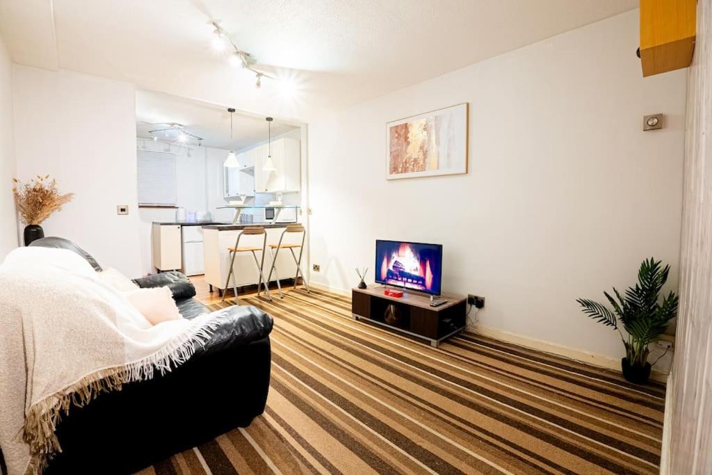 a living room with a couch and a flat screen tv at Cosy Canterbury Studio Apartment in Kent