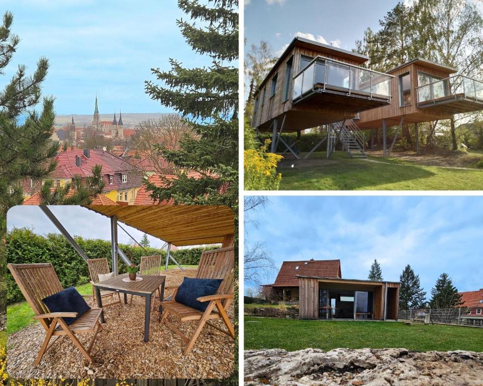 a collage of three pictures with a house at Baumhaus und Tinyhaus in Felchta