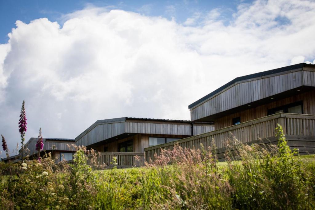 une paire de bâtiments sur une colline avec des plantes dans l'établissement Adventure Lodges and Retreats, à Bideford