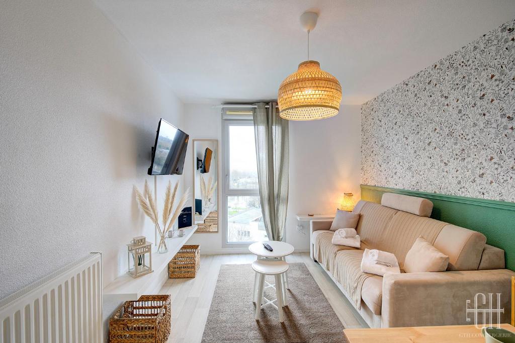 un salon avec un canapé et une télévision dans l'établissement Le Caducé / Proche Deux Lions, à Tours