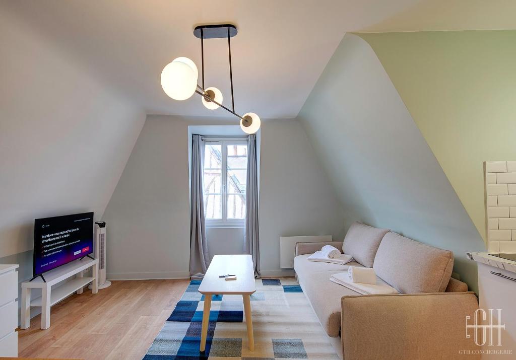 ein Wohnzimmer mit einem Sofa und einem TV in der Unterkunft Le Scandinave in Tours