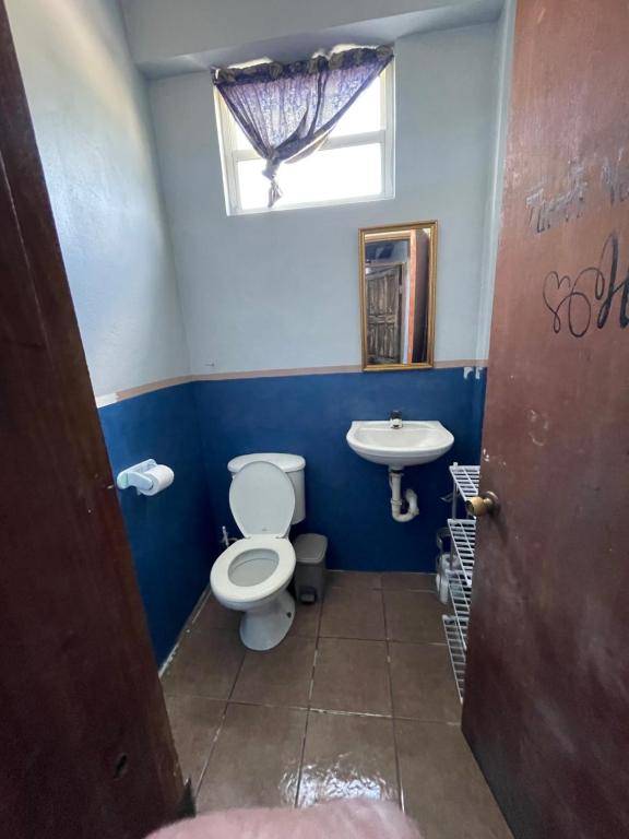 a bathroom with a toilet and a sink at Celi’s Ocean Apartment in Caye Caulker