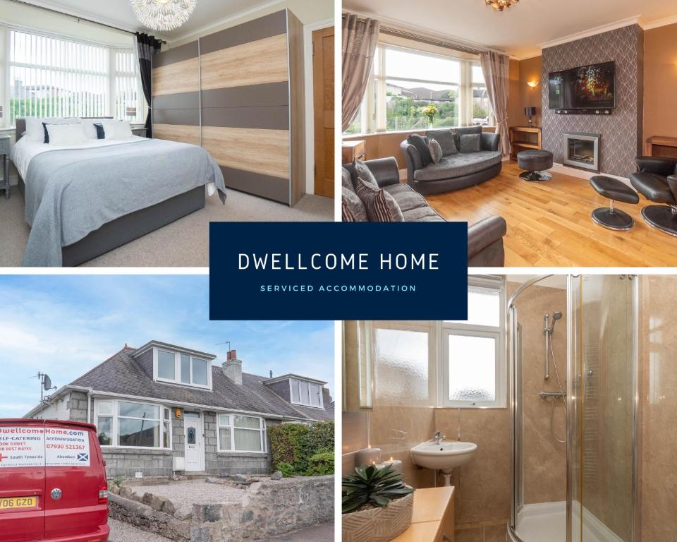 uma colagem de fotografias de um quarto e uma sala de estar em Dwellcome Home Ltd 3 Double Bedroom Semi with Garden and Drive em Aberdeen