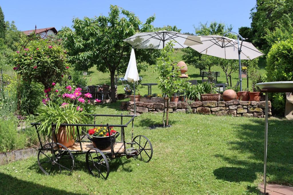 a garden with a cart with flowers and an umbrella at FEWO Odenwald in Breuberg