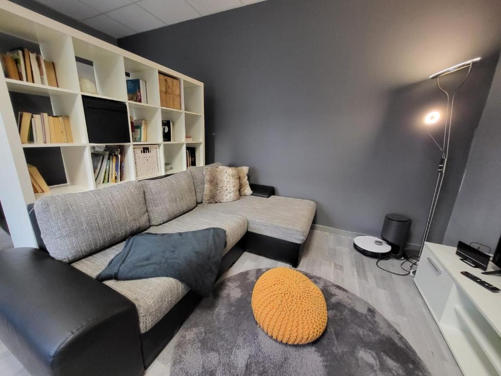 a living room with a couch and a table at Studio 2 mit Gemeinschaftsräumen, Tiefgarage in Leipzig