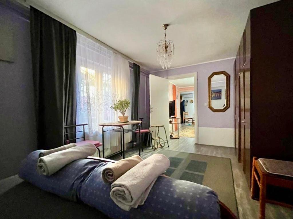 ein Wohnzimmer mit einem Sofa mit Kissen darauf in der Unterkunft Verica in Vračar (historical)