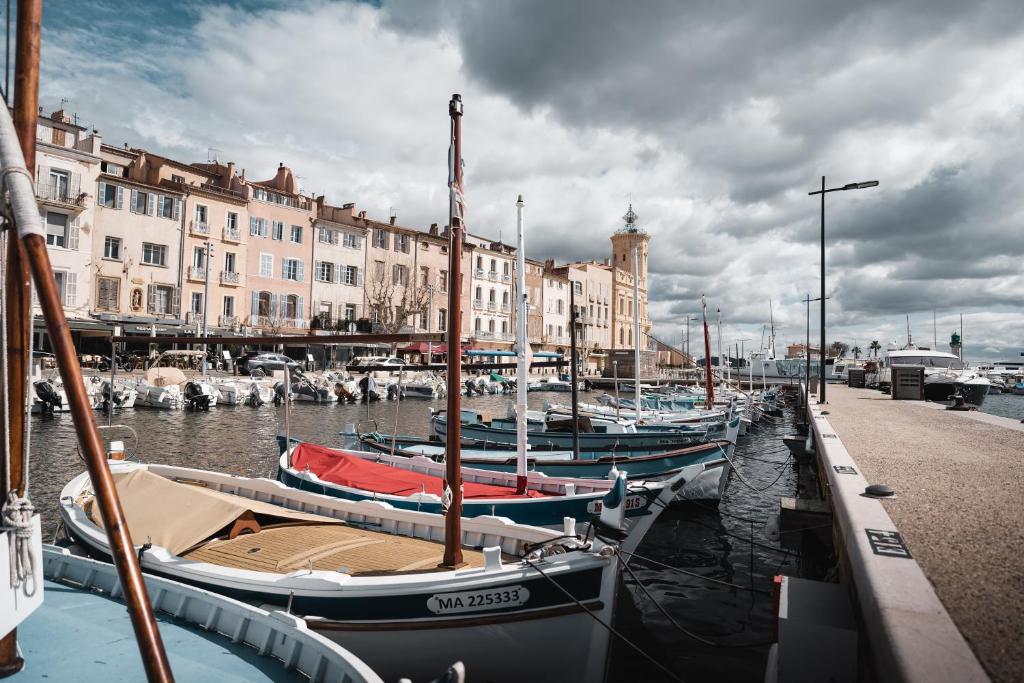 un groupe de bateaux amarrés dans un port avec des bâtiments dans l'établissement Terrasse tropezienne, à La Ciotat