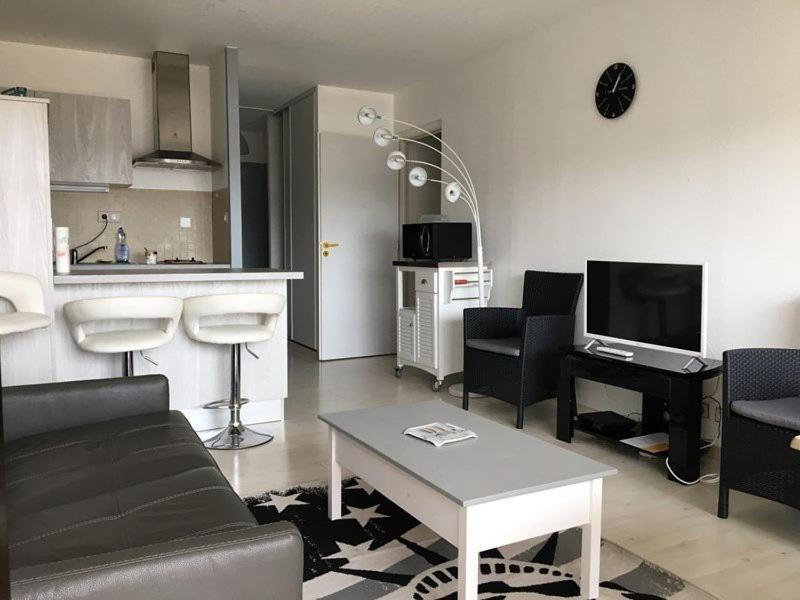 un salon avec un canapé et une table dans l'établissement Appartement 4 pers belle terrasse vue port, à Capbreton