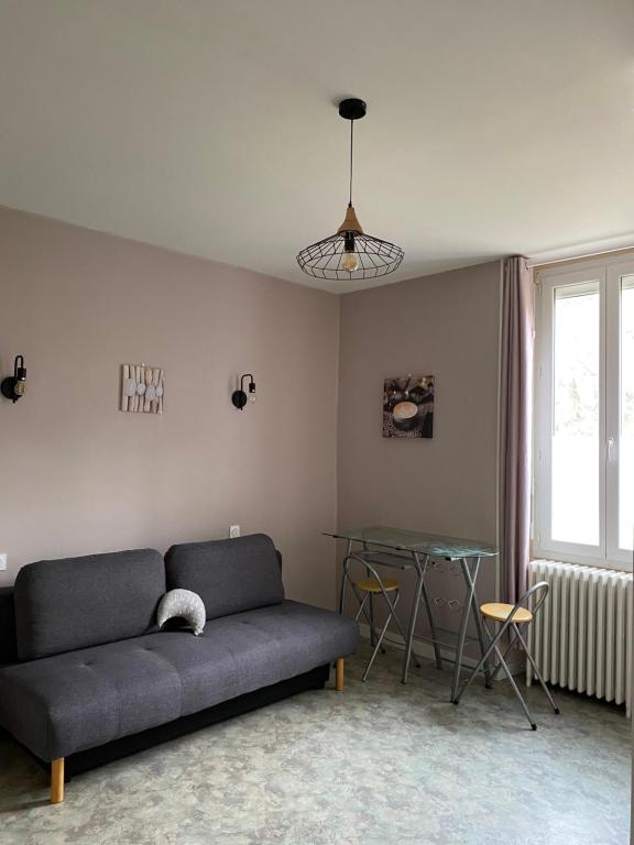 sala de estar con sofá y mesa en Appart’hôtel L’aiglon, en Saint-Claude