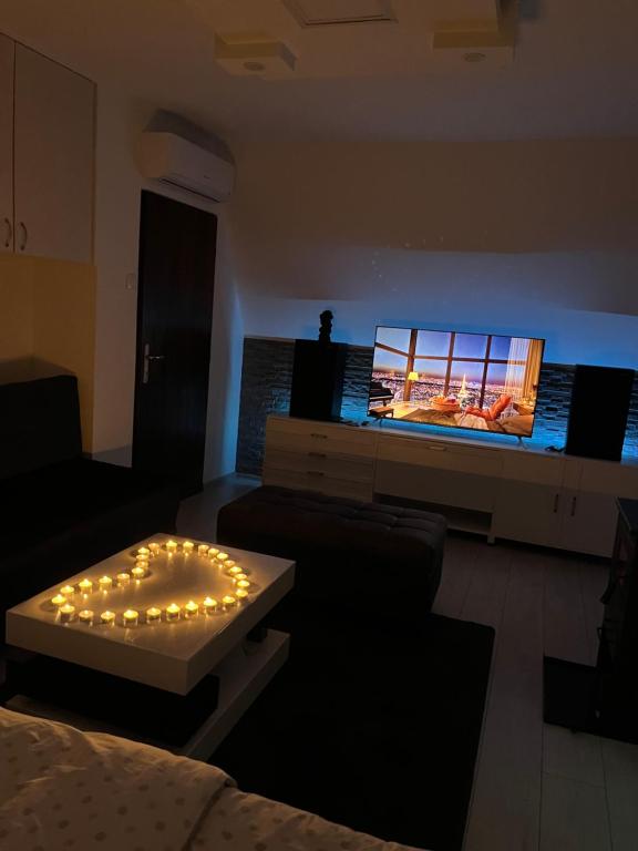 ein Wohnzimmer mit einem Sofa und einem Flachbild-TV in der Unterkunft Vikendica Uvac in Priboj