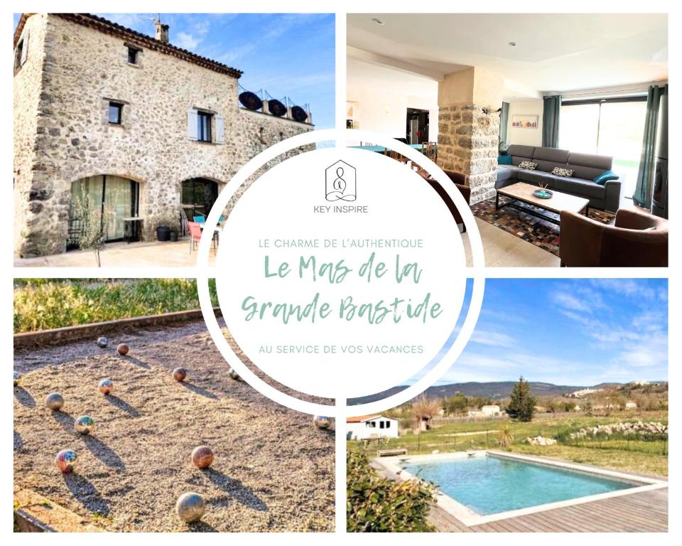 un collage de photos avec une maison et une piscine dans l'établissement Mas de la Grande Bastide, piscine, vue panoramique, à Tourrettes