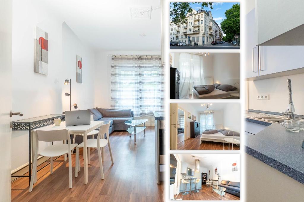 een collage van foto's van een keuken en een woonkamer bij Altbau-Apartment im Westend I Küche I Hochparterre in Wiesbaden