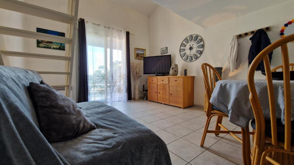 un salon avec un canapé et une télévision dans l'établissement Plume, à Valras-Plage