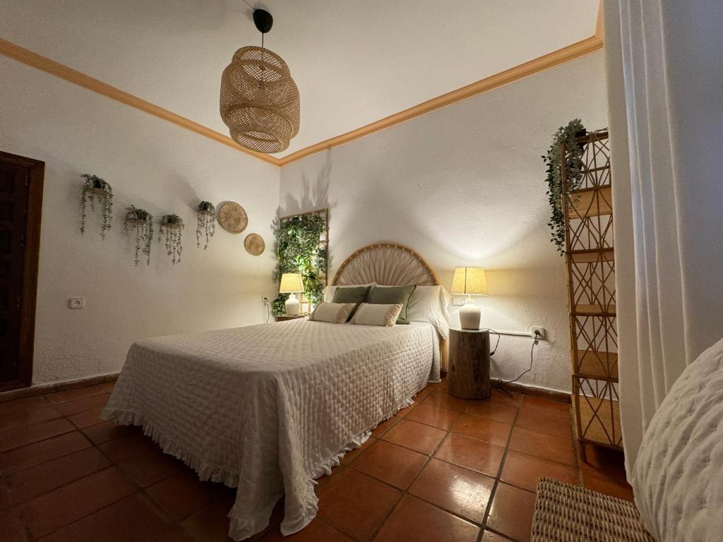a bedroom with a bed with a white bedspread at Garden Suites Xativa in Xàtiva