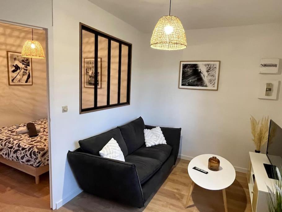 un salon avec un canapé noir et une table dans l'établissement Appartement cosy plein centre, à Douai