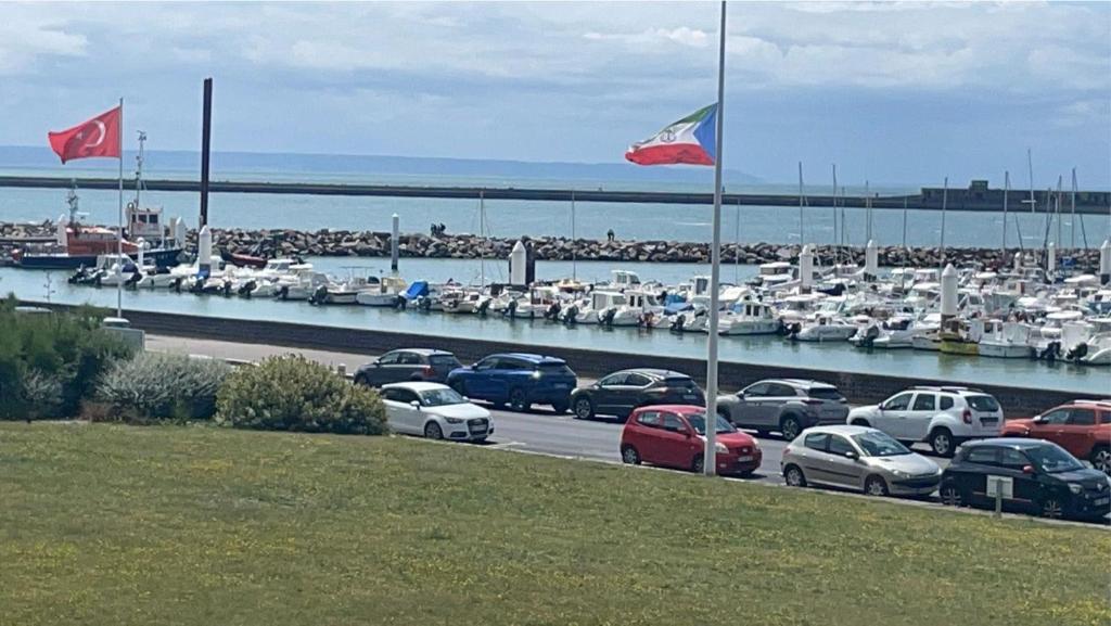 Un tas de voitures garées dans un parking près d'un port de plaisance dans l'établissement Front de mer avec vue sur le port, au Havre