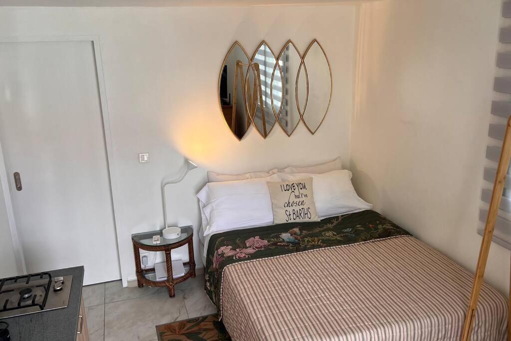 a bedroom with a bed and a mirror on the wall at Maison des Brin - Lorient Camaruche in Saint Barthelemy