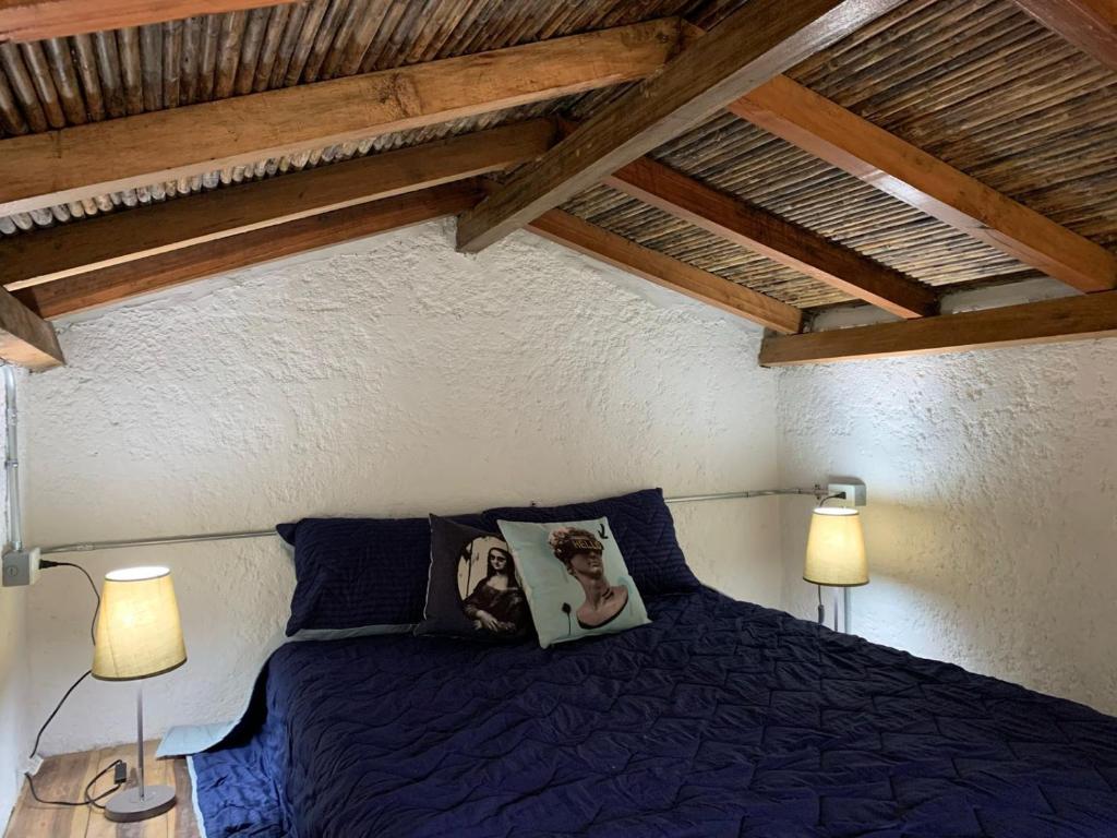 a bedroom with a blue bed with two lamps at Finca Montmagica in Floridablanca
