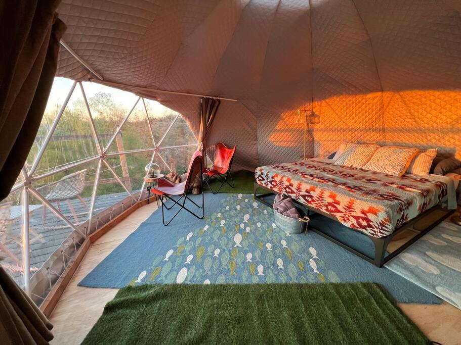 a person in a tent with a bed and a chair at Sunset Dome - Outdoor Shower/Composting Toilet in Valley Center