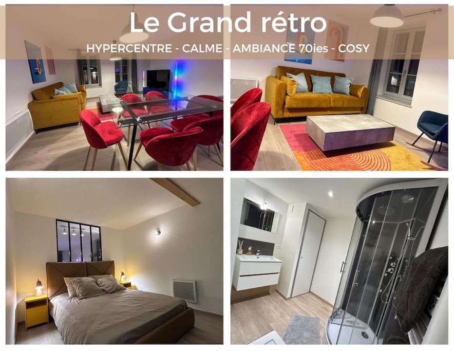 een collage van vier foto's van een woonkamer bij Hypercentre * Pop * Calme - Le Grand Rétro in Pontarlier