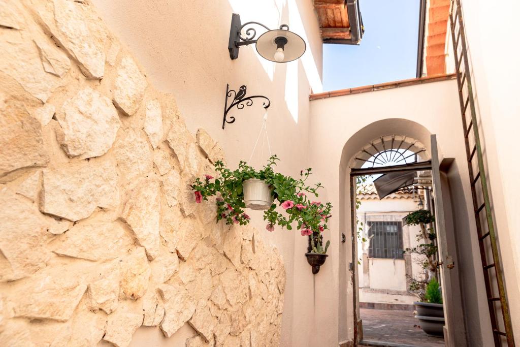 un edificio con un muro di pietra con una pianta in vaso di MonteVergine Domus a Catania