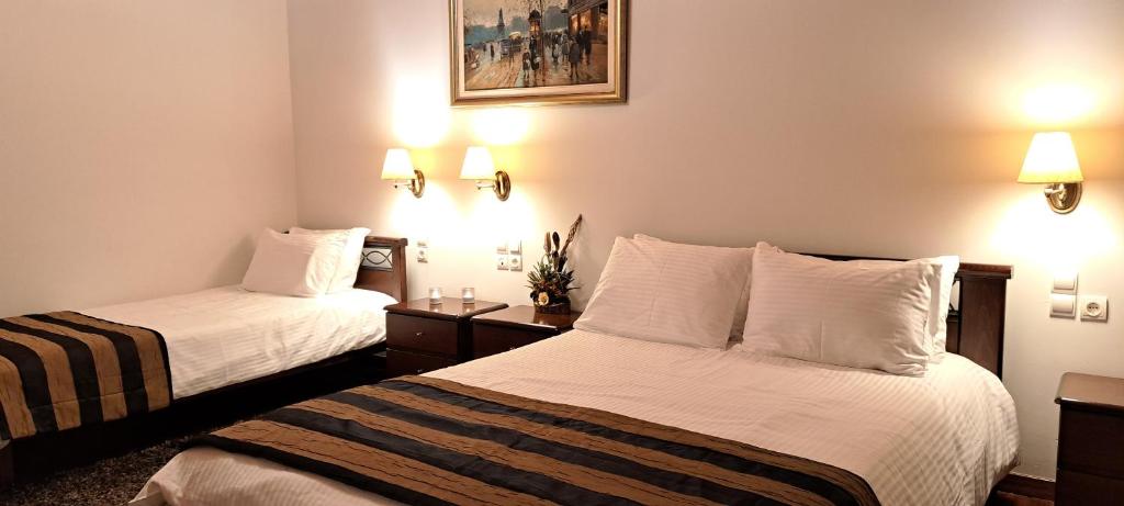 Ágnanta的住宿－Archontiko Tzoumerkon，酒店客房设有两张床和两盏灯。