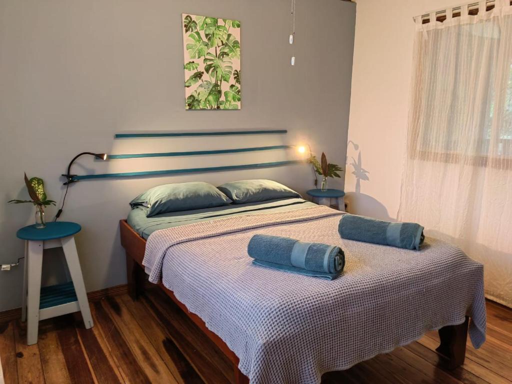 a bedroom with a bed with two pillows on it at Brisas del Caribe, casa 5 in Puerto Viejo
