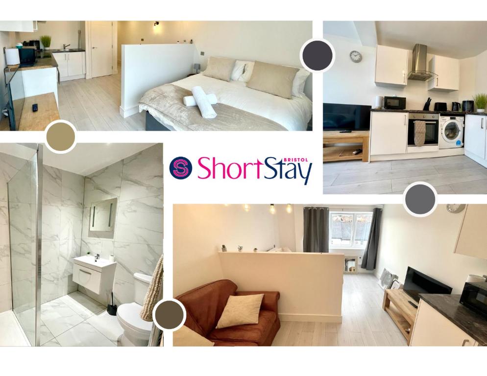 a collage of photos of a bedroom and a bathroom at April Disc - Long Stay - Contractors in Swindon